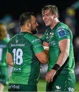 7 October 2022; Jack Aungier, left, and Gavin Thornbury of Connacht celebrate after the United Rugby Championship match between Connacht and Munster at The Sportsground in Galway. Photo by Brendan Moran/Sportsfile