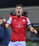 7 October 2022; Joe Redmond of St Patrick's Athletic celebrates after his side's victory in the SSE Airtricity League Premier Division match between Dundalk and St Patrick's Athletic at Casey's Field in Dundalk, Louth. Photo by Seb Daly/Sportsfile
