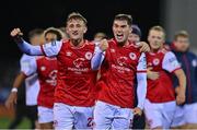 7 October 2022; Sam Curtis, left, and Anto Breslin of St Patrick's Athletic celebrates after their side's victory in the SSE Airtricity League Premier Division match between Dundalk and St Patrick's Athletic at Casey's Field in Dundalk, Louth. Photo by Seb Daly/Sportsfile