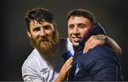 7 October 2022; Drogheda United players Gary Deegan, left, and Chris Lyons celebrate after their side's victory in the SSE Airtricity League Premier Division match between Bohemians and Drogheda United at Dalymount Park in Dublin. Photo by Piaras Ó Mídheach/Sportsfile