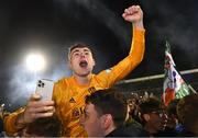 7 October 2022; Cork City goalkeeper David Harrington celebrates with supporters after the SSE Airtricity League First Division match between Cork City and Wexford at Turners Cross in Cork. Photo by Eóin Noonan/Sportsfile