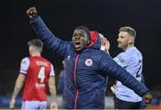 7 October 2022; Serge Atakayi of St Patrick's Athletic celebrates during the SSE Airtricity League Premier Division match between Dundalk and St Patrick's Athletic at Casey's Field in Dundalk, Louth. Photo by Seb Daly/Sportsfile
