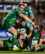 7 October 2022; Josh Murphy of Connacht, supported by teammate Peter Dooley, during the United Rugby Championship match between Connacht and Munster at The Sportsground in Galway. Photo by Brendan Moran/Sportsfile