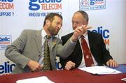 26 May 2004; Gaelic Telecom, which will provide fixed line telephone services to GAA members and supporters, both residential and business customers, at signifficantly lower prices than offered by eircom was launched today. GAA President Sean Kelly and Dermot Ahern, TD Minister for Communications, Marine and Natural Resources, in jovial mood at a press conference during the launch. Croke Park, Dublin. Picture credit; Ray McManus / SPORTSFILE