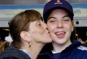 28 May 2004; The Special Olympics Ireland Women's National Football Team, sponsored by eircom, depart for the Eurofoot 2004 European 7-a-side Football Tournament, which will be held in Ettlebruck, Luxembourg from May 28 to June 1. Ireland's Pamela Kavanagh, from Dublin, gets a kiss goodbye from her mother Phyllis, at Dublin airport. Picture credit; Brian Lawless / SPORTSFILE