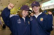 28 May 2004; The Special Olympics Ireland Women's National Football Team, sponsored by eircom, depart for the Eurofoot 2004 European 7-a-side Football Tournament, which will be held in Ettlebruck, Luxembourg from May 28 to June 1. Ireland's Mary Strain, left, and team-mate Carina McCauley, both from Donegal, prepare to depart in Dublin airport. Picture credit; Brian Lawless / SPORTSFILE