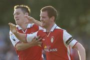 28 May 2004; Colm Foley, St. Patrick's Athletic, right, celebrates his goal with his team-mate Keith Dunnin. eircom league, Premier Division, St. Patrick's Athletic v Dublin City, Richmond Park, Dublin. Picture credit; Matt Browne / SPORTSFILE