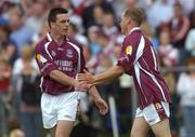 30 May 2004; Michael Donnellan, right, Galway, is congratulated by team-mate Padraig Joyce after scoring a goal for his side. Bank of Ireland Connacht Senior Football Championship, London v Galway, Emerald Gaelic Grounds, Ruislip, London. Picture credit; Brian Lawless / SPORTSFILE