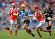 11 August 2013; Ella O'Connor, representing Piercetown N.S., Drinagh, Co. Wexford, in action against Amy Byrne, representing Sacred Heart P.S. Portlaise, Co. Laois, during the INTO/RESPECT Exhibition GoGames at the GAA Hurling All-Ireland Senior Championship Semi-Final between Dublin and Cork. Croke Park, Dublin. Picture credit: Oliver McVeigh / SPORTSFILE