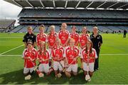 11 August 2013; The Cork camogie team, back row, left to right, referee Kate Corcoran, Helen Roche, Hannah Brennan, Sara Davis, SinŽad Mulhern, Lauren Dermody, front row, left to right, Aoife Weir, Cera Kenny, Amy Byrne, Niamh Kelly, Dara Hanamy before the INTO/RESPECT Exhibition GoGames at the GAA Hurling All-Ireland Senior Championship Semi-Final between Dublin and Cork. Croke Park, Dublin. Picture credit: Dáire Brennan / SPORTSFILE