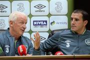 13 August 2013; Republic of Ireland manager Giovanni Trapattoni and captain John O'Shea during a press conference ahead of their international friendly against Wales on Wednesday. Republic of Ireland Press Conference, Cardiff City Stadium, Cardiff, Wales. Picture credit: David Maher / SPORTSFILE