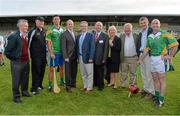13 August 2013; Trainer Jim Bolger, left, with, from left to right, Kilkenny hurling manager Brian Cody, former Irish soccer international Niall Quinn, Mark Mellett, Head of Fundraising Irish Cancer Society, Dr, John Kennedy, Chairman Irish Cancer Society, CEO Irish Cancer Society John McCormack, Marie O'Connor, Irish Cancer Society, Peter Tormey, Irish Cancer Society, former Meath footballer Colm O'Rourke and former Kilkenny hurler DJ Carey after the game. Hurling for Cancer Research 2013, Jim Bolger's Stars v Davy Russell's Best, St. Conleth’s Park, Newbridge, Co. Kildare. Picture credit: Barry Cregg / SPORTSFILE