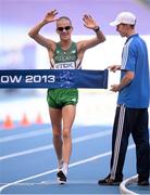 14 August 2013; Ireland's Robert Heffernan celebrates after winning the men's 50k walk in a time of 3:37.56. IAAF World Athletics Championships - Day 5. Luzhniki Stadium, Moscow, Russia. Picture credit: Stephen McCarthy / SPORTSFILE