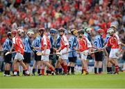 11 August 2013; Players from both sides shake hands before the INTO/RESPECT Exhibition GoGames at the GAA Hurling All-Ireland Senior Championship Semi-Final between Dublin and Cork. Croke Park, Dublin. Picture credit: Ray McManus / SPORTSFILE