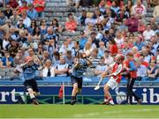 11 August 2013; Gavin Flood in action against Diarmuid Ó Curráin, left, and Cillian Kirwan during the INTO/RESPECT Exhibition GoGames at the GAA Hurling All-Ireland Senior Championship Semi-Final between Dublin and Cork. Croke Park, Dublin. Picture credit: Ray McManus / SPORTSFILE