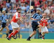 11 August 2013; Cillian Kirwan, right, representing St Mary's B.N.S., Rathfarnham, Dublin, in action against Christopher Flood, representing Deravoy N.S., Emyvale, Co Monaghan, during the INTO/RESPECT Exhibition GoGames at the GAA Hurling All-Ireland Senior Championship Semi-Final between Dublin and Cork. Croke Park, Dublin. Picture credit: Ray McManus / SPORTSFILE
