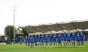 8 October 2022; Leinster players observe a minute's silence to remember the lives lost and those injured in the Cresslough tragedy, in Donegal before the United Rugby Championship match between Leinster and Cell C Sharks at RDS Arena in Dublin. Photo by Harry Murphy/Sportsfile