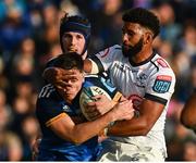 8 October 2022; Jimmy O'Brien of Leinster is tackled by Hyron Andrews of Cell C Sharks during the United Rugby Championship match between Leinster and Cell C Sharks at RDS Arena in Dublin. Photo by Harry Murphy/Sportsfile