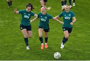 8 October 2022; Players, from left, Roma McLaughlin, Denise O'Sullivan and Ciara Grant during a Republic of Ireland Women training session at FAI National Training Centre in Abbotstown, Dublin. Photo by Stephen McCarthy/Sportsfile