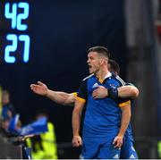 8 October 2022; Jonathan Sexton of Leinster celebrates with teammate Cian Healy after scoring his side's seventh try during the United Rugby Championship match between Leinster and Cell C Sharks at RDS Arena in Dublin. Photo by Harry Murphy/Sportsfile