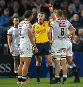 8 October 2022; Referee Craig Evans shows a red card to Rohan Janse Van Rensburg of Cell C Sharks during the United Rugby Championship match between Leinster and Cell C Sharks at RDS Arena in Dublin. Photo by Harry Murphy/Sportsfile