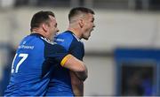 8 October 2022; Jonathan Sexton of Leinster celebrates with teammate Cian Healy after scoring their side's seventh try during the United Rugby Championship match between Leinster and Cell C Sharks at RDS Arena in Dublin. Photo by Brendan Moran/Sportsfile