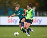 8 October 2022; Roma McLaughlin, right, and Katie McCabe during a Republic of Ireland Women training session at FAI National Training Centre in Abbotstown, Dublin. Photo by Stephen McCarthy/Sportsfile