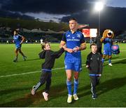 8 October 2022; Jonathan Sexton of Leinster with his children Amy and Luca after his side's victory in the United Rugby Championship match between Leinster and Cell C Sharks at RDS Arena in Dublin. Photo by Harry Murphy/Sportsfile