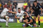 8 October 2022; John Cooney of Ulster is tackled by Dewi Lake of Ospreys during the United Rugby Championship match between Ulster and Ospreys at Kingspan Stadium in Belfast. Photo by Ramsey Cardy/Sportsfile