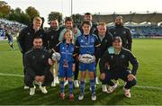 8 October 2022; Mascots Robyn and Max Kissane with Leinster players, Tommy O'Brien, Rónan Kelleher, Dave Kearney, Caelan Doris, Hugo Keenan, Ciarán Frawley, Jamison Gibson-Park and James Lowe at the United Rugby Championship match between Leinster and Cell C Sharks at RDS Arena in Dublin. Photo by Brendan Moran/Sportsfile