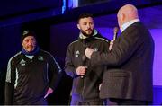 8 October 2022; Robbie Henshaw and forwards and scrum coach Robin McBryde are interviewed by Bernard Jackman at the United Rugby Championship match between Leinster and Cell C Sharks at RDS Arena in Dublin. Photo by Harry Murphy/Sportsfile