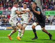 8 October 2022; Craig Gilroy of Ulster battles for possession with Will Griffiths of Ospreys during the United Rugby Championship match between Ulster and Ospreys at Kingspan Stadium in Belfast. Photo by John Dickson/Sportsfile
