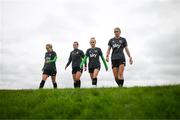 9 October 2022; Players, from left, Lily Agg, Saoirse Noonan, Denise O'Sullivan and Jamie Finn during a Republic of Ireland Women training session at FAI National Training Centre in Abbotstown, Dublin. Photo by Stephen McCarthy/Sportsfile