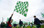 9 October 2022; Young Baltinglass supporter Cian Murphy, aged six, waves a flag as players run out before the Wicklow County Senior Football Championship Final match between Baltinglass and St Patrick's at the County Grounds in Aughrim, Wicklow. Photo by Harry Murphy/Sportsfile
