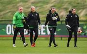 9 October 2022; Goalkeepers, from left, Courtney Brosnan, Grace Moloney, Megan Walsh and Eve Badana during a Republic of Ireland Women training session at FAI National Training Centre in Abbotstown, Dublin. Photo by Stephen McCarthy/Sportsfile