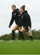 9 October 2022; Hayley Nolan, left, and Claire O'Riordan during a Republic of Ireland Women training session at FAI National Training Centre in Abbotstown, Dublin. Photo by Stephen McCarthy/Sportsfile