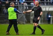 9 October 2022; St Patrick's manager Robbie Leahy shakes hands with referee John Keenan before the Wicklow County Senior Football Championship Final match between Baltinglass and St Patrick's at the County Grounds in Aughrim, Wicklow. Photo by Harry Murphy/Sportsfile