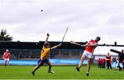 9 October 2022; Sean Treacy of Cuala in action against Sean Baxter of Na Fianna during the Go Ahead Dublin County Senior Club Hurling Championship Semi-Final match between Cuala and Na Fianna at Parnell Park in Dublin. Photo by Ben McShane/Sportsfile