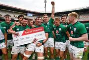 9 October 2022; Thomas Ahern, centre, of Emerging Ireland celebrates with his Man of the Match Award following the Toyota Challenge match between Toyota Cheetahs and Emerging Ireland at Toyota Stadium in Bloemfontein, South Africa. Photo by Johan Pretorius/Sportsfile