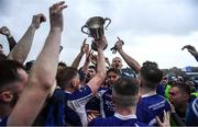 9 October 2022; Thomas Kelly of St Patrick's celebrates with the trophy and teammates after their side's victory in the Wicklow County Senior Football Championship Final match between Baltinglass and St Patrick's at the County Grounds in Aughrim, Wicklow. Photo by Harry Murphy/Sportsfile