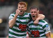 9 October 2022; Daniel Cleary of Shamrock Rovers, right, celebrates with teammate Rory Gaffney after scoring their side's first goal during the SSE Airtricity League Premier Division match between Shamrock Rovers and Shelbourne at Tallaght Stadium in Dublin. Photo by Seb Daly/Sportsfile