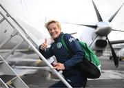 9 October 2022; Manager Vera Pauw at Dublin Airport ahead of the team's chartered flight to Glasgow for their FIFA Women's World Cup 2023 Play-off against Scotland, at Hampden Park in Glasgow, on Tuesday next. Photo by Stephen McCarthy/Sportsfile