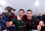9 October 2022; Portarlington players Scott Osbourne, left, and Stuart Mulpeter celebrate after their sides victory in the Laois County Senior Football Championship Final match between O'Dempseys and Portarlington at MW Hire O'Moore Park in Portlaoise, Laois. Photo by Sam Barnes/Sportsfile
