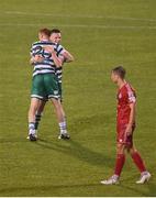 9 October 2022; Andy Lyons and Rory Gaffney of Shamrock Rovers celebrate after their side's victory in the SSE Airtricity League Premier Division match between Shamrock Rovers and Shelbourne at Tallaght Stadium in Dublin. Photo by Seb Daly/Sportsfile
