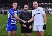 9 October 2022; Referee Brendan Cawley with team captains Eoin Doyle of Naas and Brian McLoughlin of Clane before the Kildare County Senior Football Championship Final match between Clane and Naas at St Conleth's Park in Newbridge, Kildare. Photo by Piaras Ó Mídheach/Sportsfile