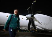 9 October 2022; Lucy Quinn at Glasgow Airport upon the arrival of the team's chartered flight from Dublin for their FIFA Women's World Cup 2023 Play-off against Scotland, at Hampden Park in Glasgow, on Tuesday next. Photo by Stephen McCarthy/Sportsfile