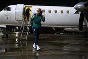 9 October 2022; Lucy Quinn at Glasgow Airport upon the arrival of the team's chartered flight from Dublin for their FIFA Women's World Cup 2023 Play-off against Scotland, at Hampden Park in Glasgow, on Tuesday next. Photo by Stephen McCarthy/Sportsfile