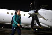 9 October 2022; Niamh Farrelly at Glasgow Airport upon the arrival of the team's chartered flight from Dublin for their FIFA Women's World Cup 2023 Play-off against Scotland, at Hampden Park in Glasgow, on Tuesday next. Photo by Stephen McCarthy/Sportsfile