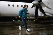 9 October 2022; Roma McLaughlin at Glasgow Airport upon the arrival of the team's chartered flight from Dublin for their FIFA Women's World Cup 2023 Play-off against Scotland, at Hampden Park in Glasgow, on Tuesday next. Photo by Stephen McCarthy/Sportsfile