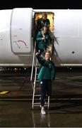 9 October 2022; Saoirse Noonan at Glasgow Airport upon the arrival of the team's chartered flight from Dublin for their FIFA Women's World Cup 2023 Play-off against Scotland, at Hampden Park in Glasgow, on Tuesday next. Photo by Stephen McCarthy/Sportsfile